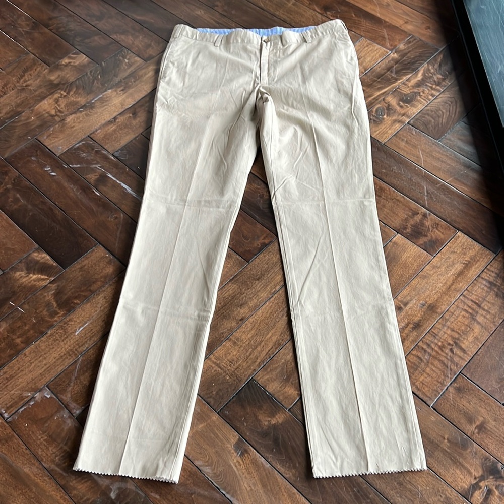 Frank’s plain front long inseam unhemmed bottom trim fit khaki color chino pants